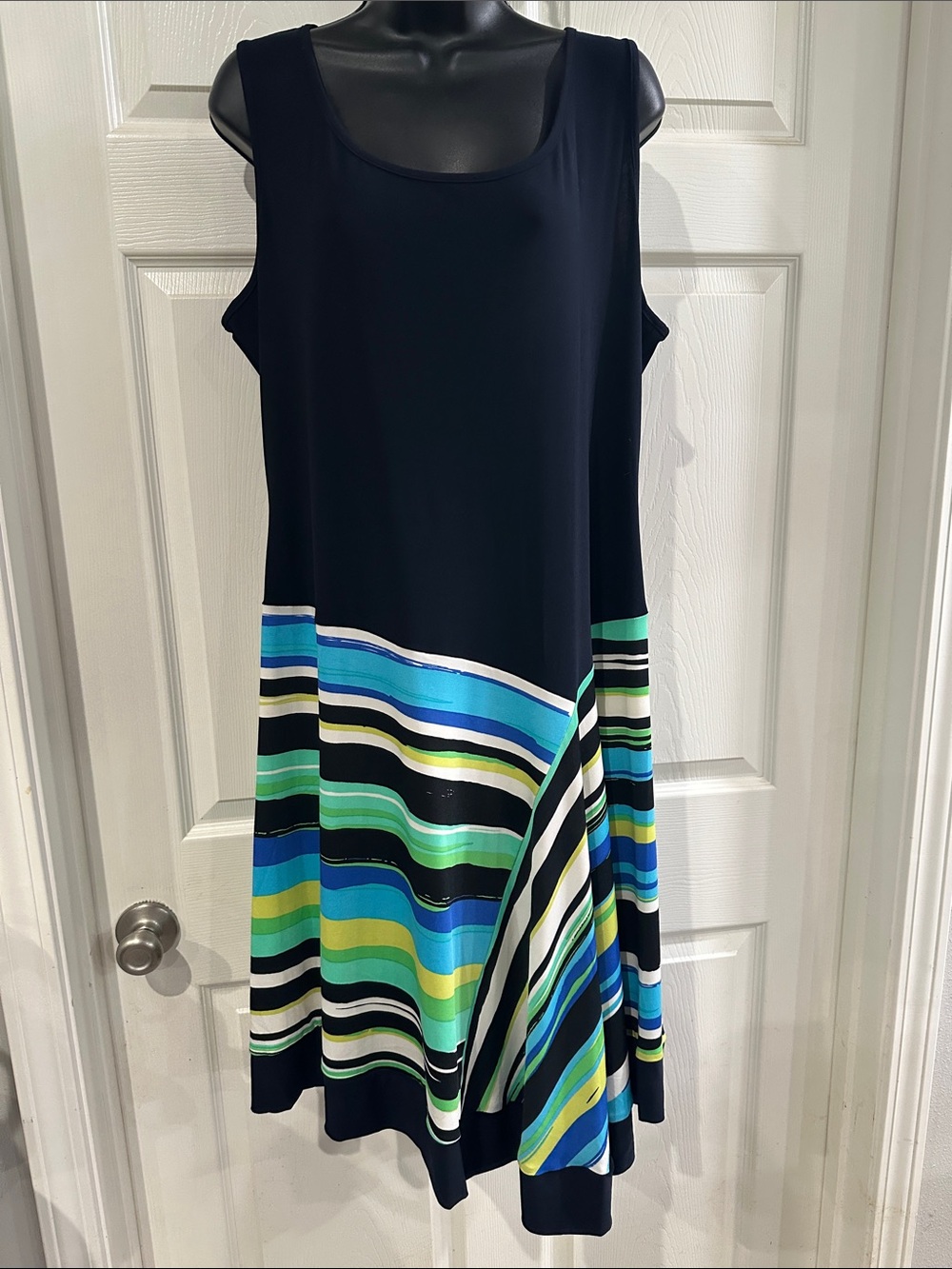 Sleeveless Navy Midi Dress with Blue & Green Stripe Hem